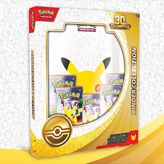 Pokémon Binder Collection 30th Anniversary 3D collectible box featuring Pikachu and Pokémon TCG packs inside a clear window, shown on a yellow and white graphic background.