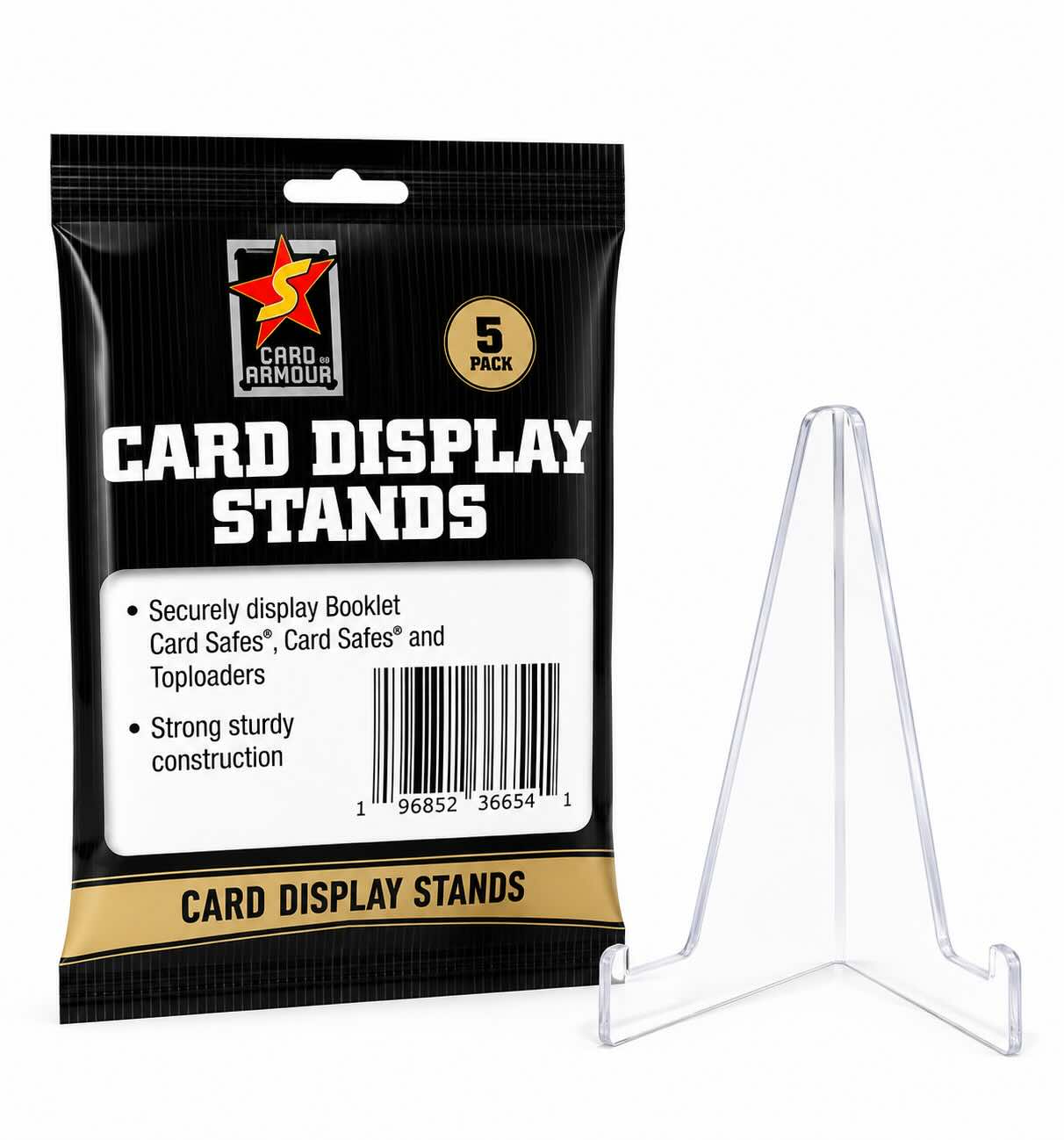 Card display stands packaging with a clear stand on a white background