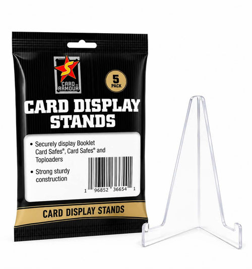 Card display stands packaging with a clear stand on a white background