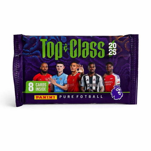 Panini Top Class 2025 Premier League trading card pack with 8 cards displayed on clear stand