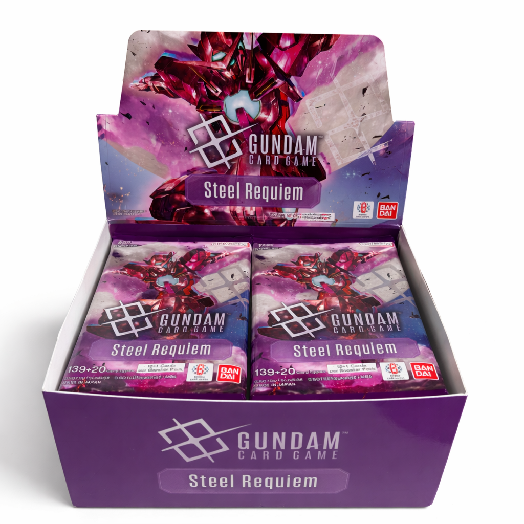 Gundam Steel Requiem trading card pack on white background