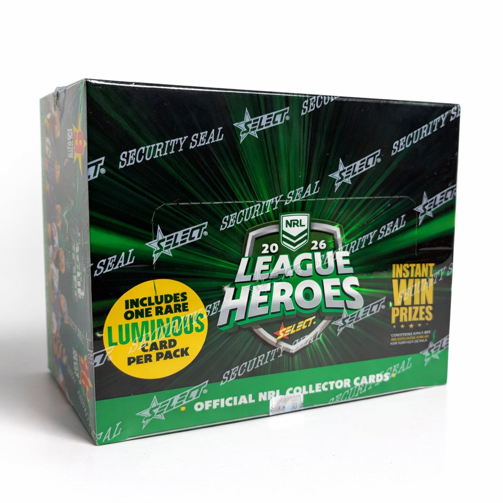 NRL League Heroes 2026 sealed retail trading card box on white background