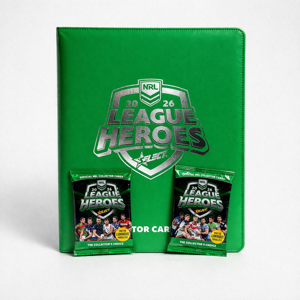 NRL League Heroes 2026 trading card album with 2 bonus retail packs on white background