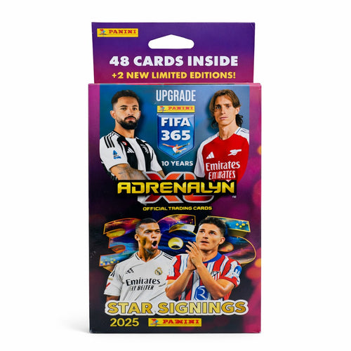 Panini Adrenalyn XL FIFA 365 Star Signings 2025 trading card box with 48 cards inside and two limited edition cards on a white background
