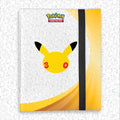 A Pokémon trading card game notebook or journal featuring Pikachu's face on the cover, with a white and yellow design, a black elastic closure band, and the Pokémon logo near the top.