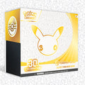 Pokémon Trading Card Game 30th Celebration Elite Trainer Box shown in its packaging on a light patterned background with a large 30th Celebration logo on the right.