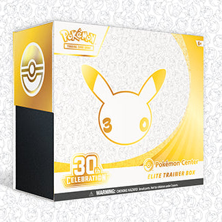 Pokémon Trading Card Game 30th Celebration Elite Trainer Box shown in its packaging on a light patterned background with a large 30th Celebration logo on the right.