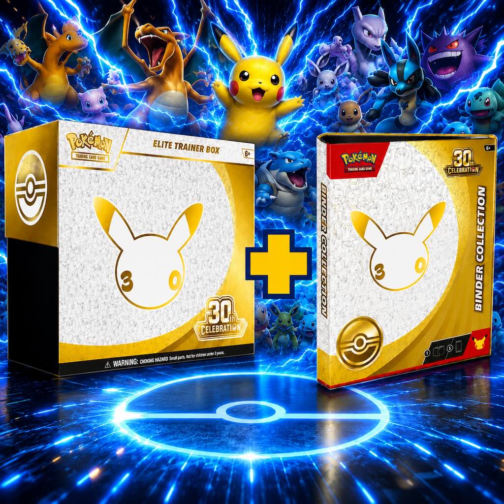 Pokemon TCG 30th Celebration Elite Trainer Box and Binder Collection bundle on blue electric Pokemon background.
