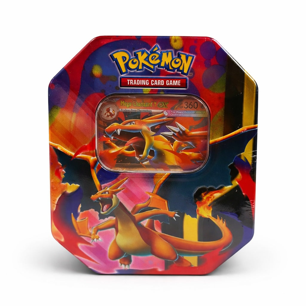 Pokemon Mega Charizard EX collector tin on white background