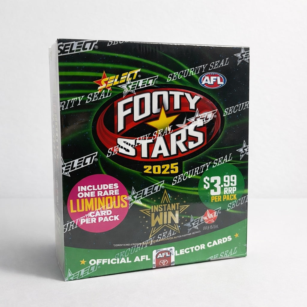 Select Footy Stars 2025 AFL sealed retail box on white background