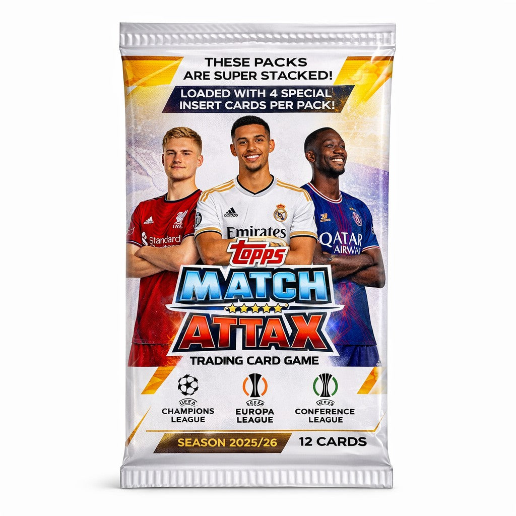 Topps Match Attax 2025/26 UEFA trading card pack with 12 cards displayed on clear stand