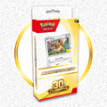 Pokémon Knockout Collection 30th Anniversary card pack in its original packaging, featuring a white and yellow box with a red Pokémon logo and a gold circular graphic behind it.