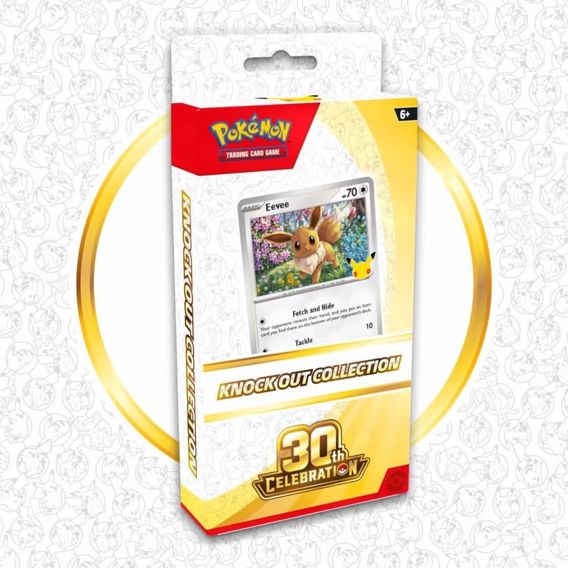 Pokémon Knockout Collection 30th Anniversary card pack in its original packaging, featuring a white and yellow box with a red Pokémon logo and a gold circular graphic behind it.