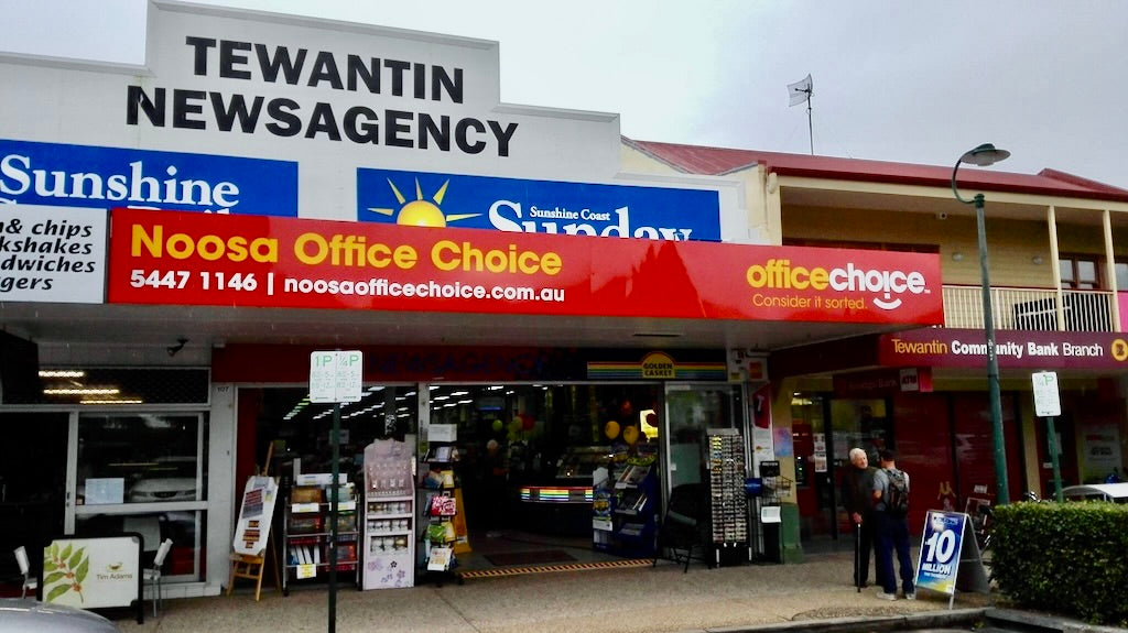 Noosa Office Choice store front with red and yellow branding